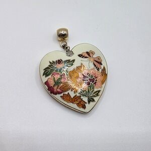 Vintage Cloisonne Heart Pendant Necklace Butterfly Floral Fuchsia Gold Tone 30"